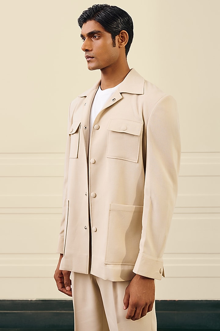 Sand Beige Stretchable Poly Viscose Shacket by Gargee Designers at Pernia's Pop Up Shop