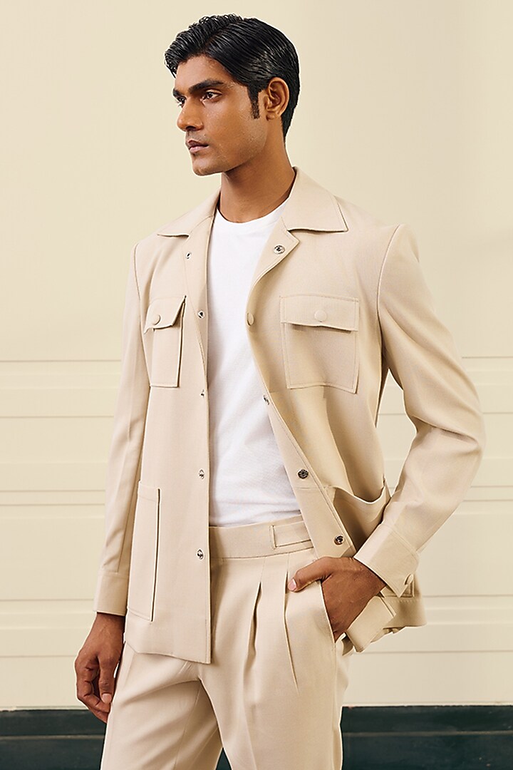 Sand Beige Stretchable Poly Viscose Shacket by Gargee Designers at Pernia's Pop Up Shop