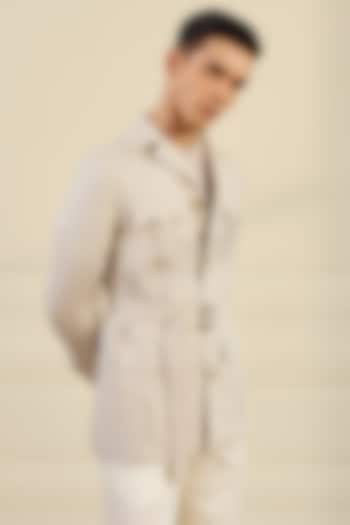 Candlelit Beige Linen Herringbone Safari Shacket by Gargee Designers at Pernia's Pop Up Shop