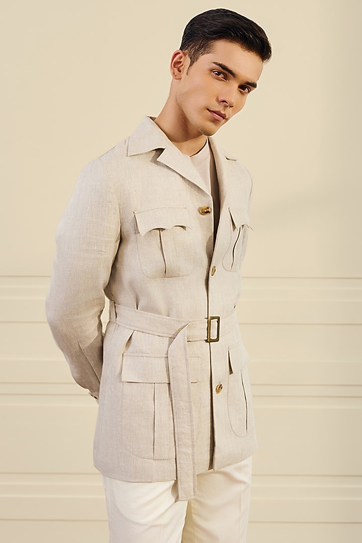 Candlelit Beige Linen Herringbone Safari Shacket by Gargee Designers at Pernia's Pop Up Shop