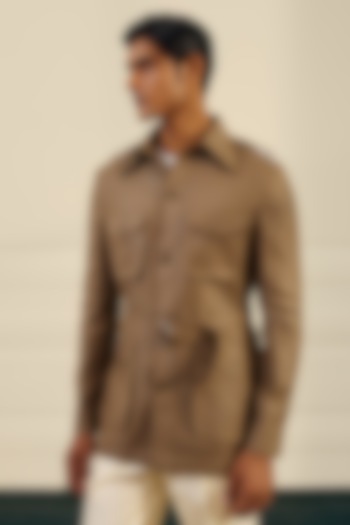 Olive Brown Linen Herringbone Safari Shacket by Gargee Designers at Pernia's Pop Up Shop
