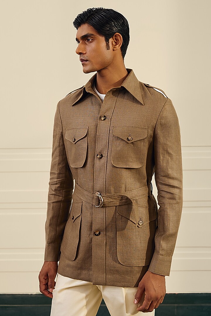 Olive Brown Linen Herringbone Safari Shacket by Gargee Designers at Pernia's Pop Up Shop