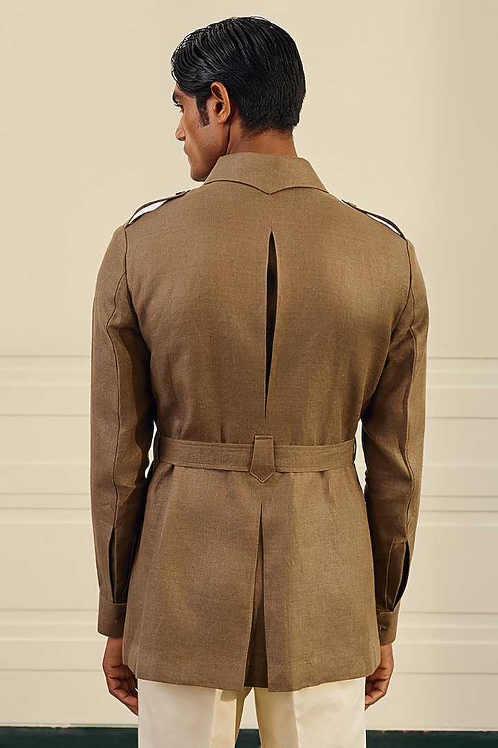 Olive Brown Linen Herringbone Safari Shacket by Gargee Designers at Pernia's Pop Up Shop