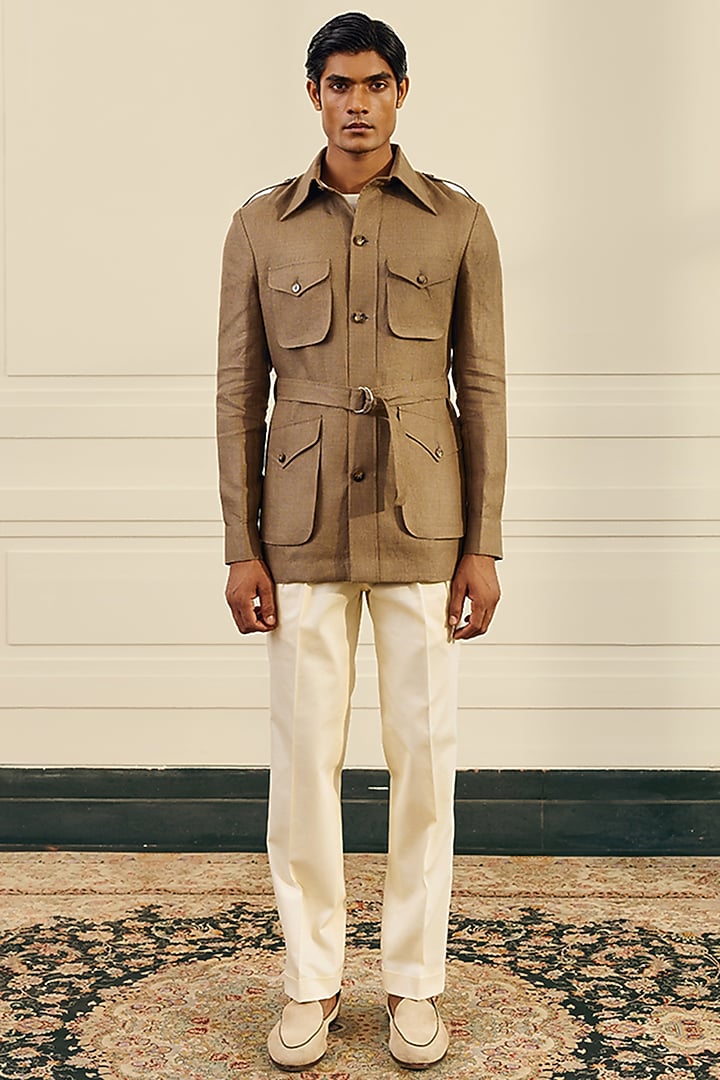 Olive Brown Linen Herringbone Safari Shacket by Gargee Designers at Pernia's Pop Up Shop