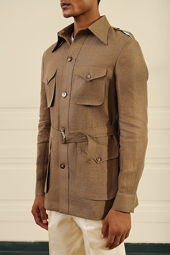 Olive Brown Linen Herringbone Safari Shacket by Gargee Designers at Pernia's Pop Up Shop
