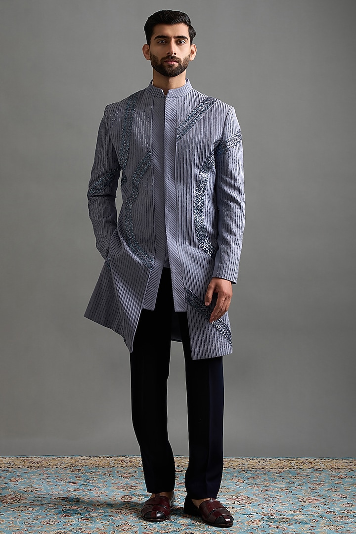 Steel Grey Cotton Silk Cutdana Embroidered Wedding Indowestern Set by Gargee Designers at Pernia's Pop Up Shop