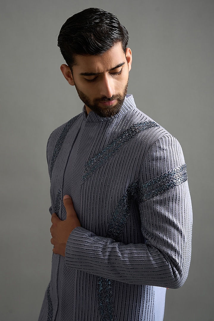 Steel Grey Cotton Silk Cutdana Embroidered Wedding Indowestern Set by Gargee Designers at Pernia's Pop Up Shop