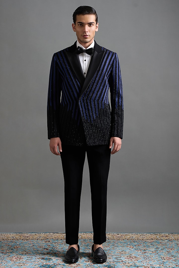 Navy Blue & Black Polyester Cutdana Embroidered Tuxedo Set by Gargee Designers at Pernia's Pop Up Shop