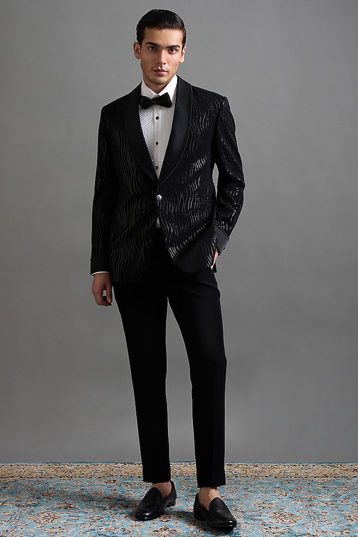 Black Polyester Textured Tuxedo Set by Gargee Designers at Pernia's Pop Up Shop