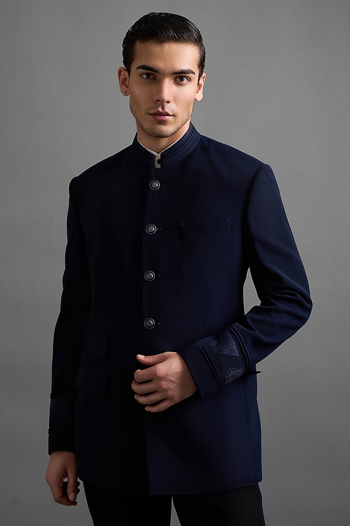 Navy Blue Polyester Jodhpuri Set by Gargee Designers at Pernia's Pop Up Shop