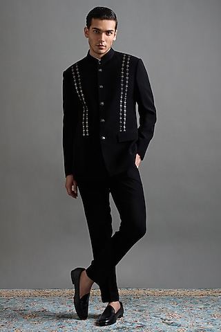 Black Polyester Embellished Jodhpuri Set by Gargee Designers