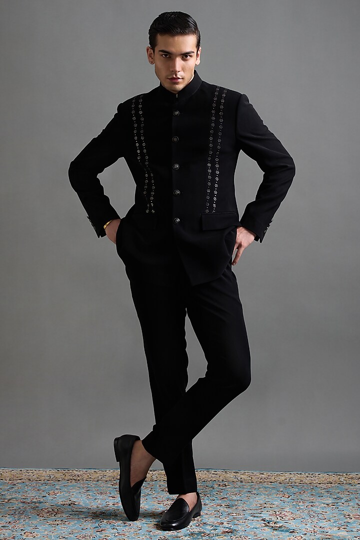 Black Polyester Embellished Jodhpuri Set by Gargee Designers at Pernia's Pop Up Shop