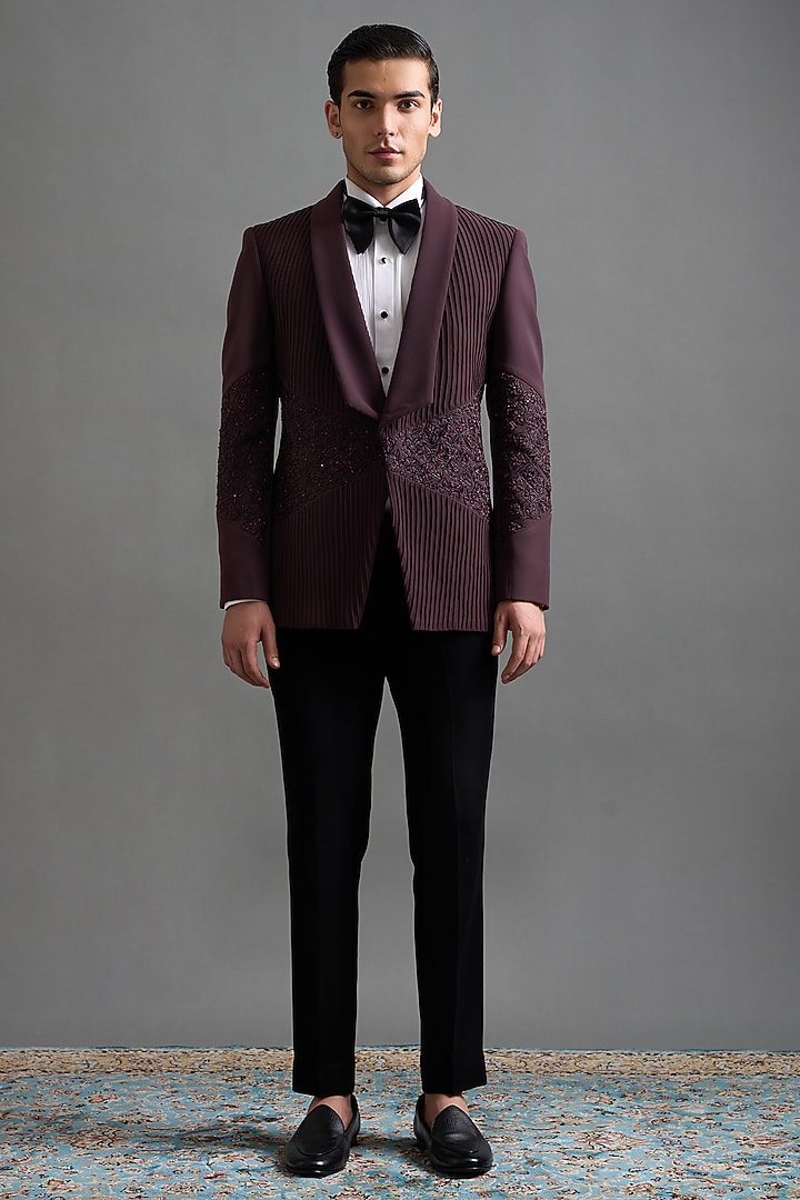 Wine Polyester Embroidered Tuxedo Set by Gargee Designers at Pernia's Pop Up Shop