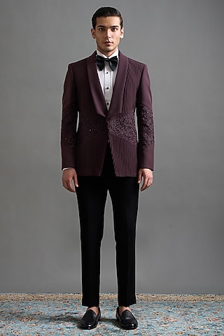 Wine Polyester Embroidered Tuxedo Set by Gargee Designers