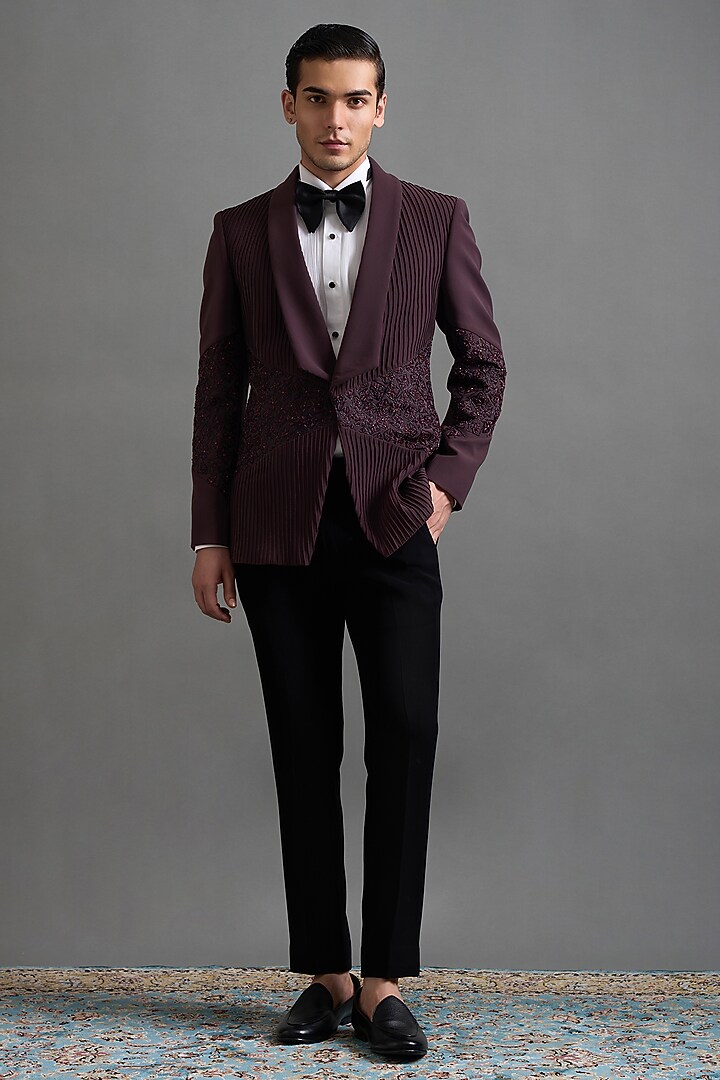 Wine Polyester Embroidered Tuxedo Set by Gargee Designers at Pernia's Pop Up Shop