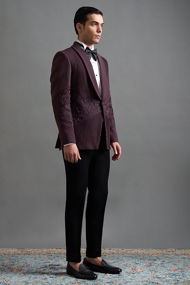 Wine Polyester Embroidered Tuxedo Set by Gargee Designers at Pernia's Pop Up Shop