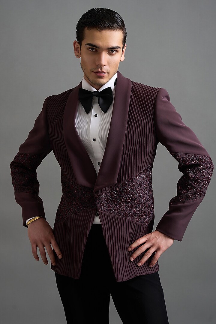 Wine Polyester Embroidered Tuxedo Set by Gargee Designers at Pernia's Pop Up Shop