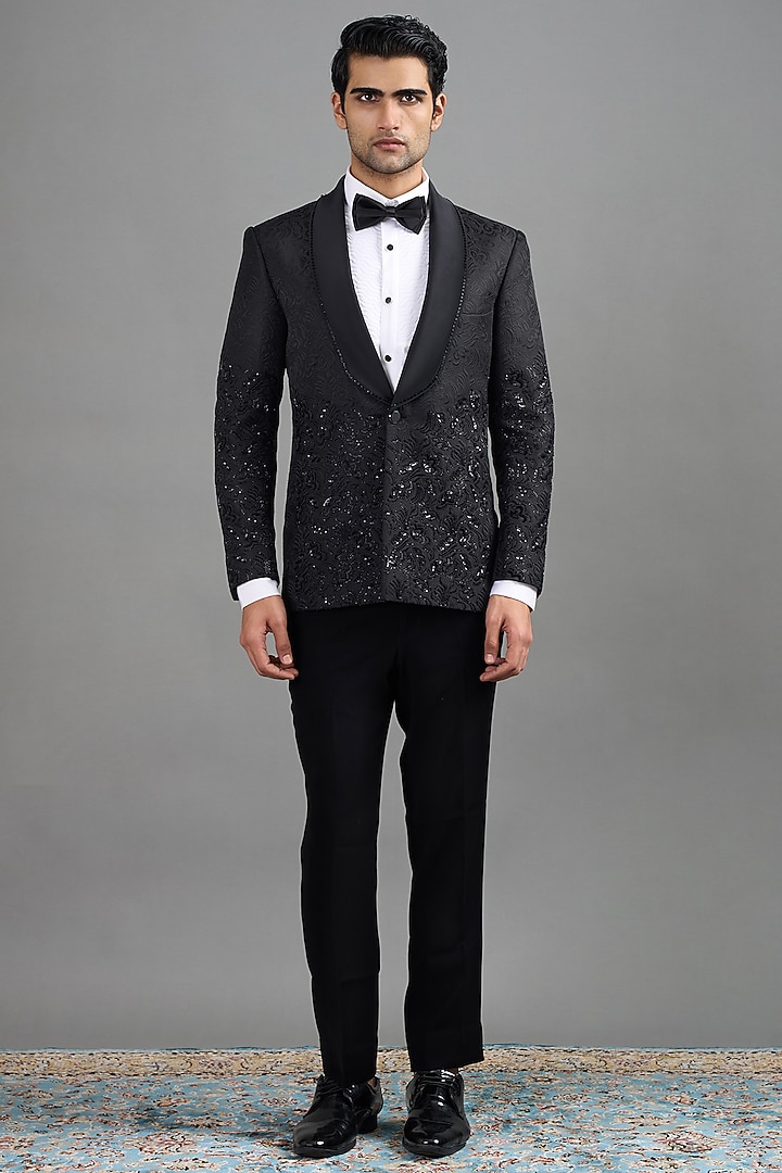Black Jacquard Embroidered Tuxedo Set by Gargee Designers at Pernia's Pop Up Shop