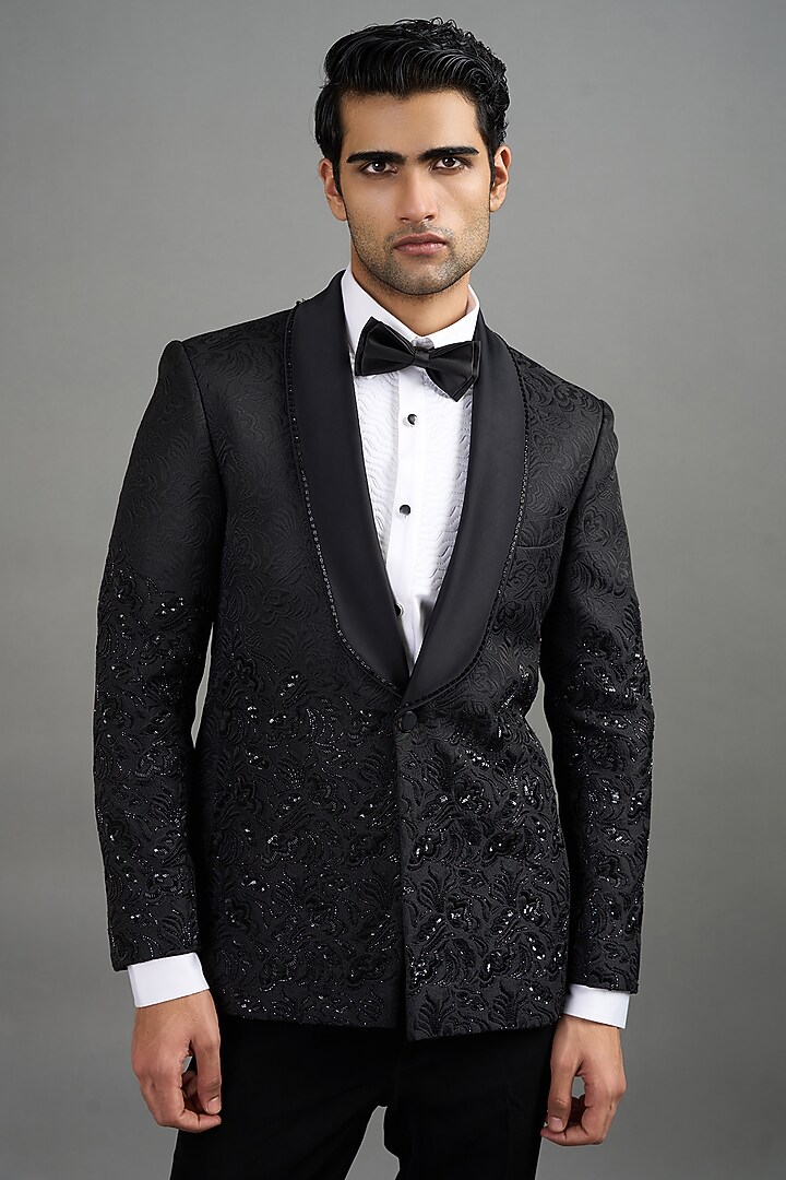 Black Jacquard Embroidered Tuxedo Set by Gargee Designers at Pernia's Pop Up Shop