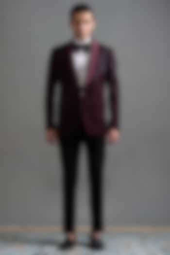 Deep Wine Polyester Hand Embroidered Tuxedo Set by Gargee Designers at Pernia's Pop Up Shop