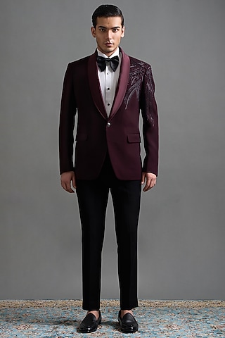 Deep Wine Polyester Hand Embroidered Tuxedo Set by Gargee Designers