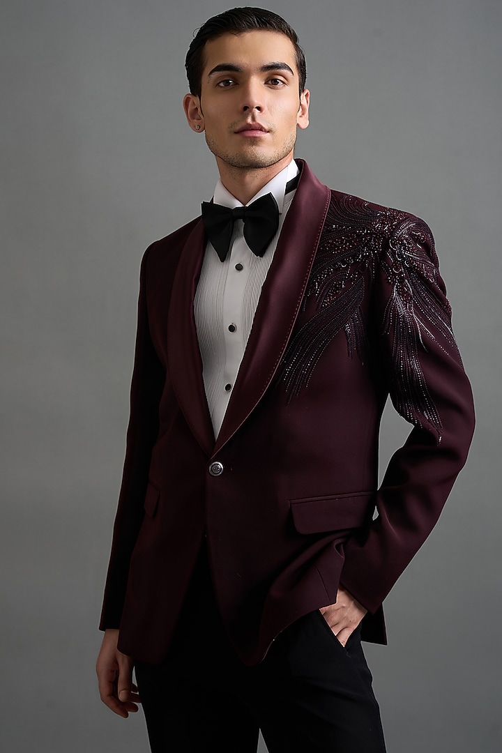Deep Wine Polyester Hand Embroidered Tuxedo Set by Gargee Designers at Pernia's Pop Up Shop