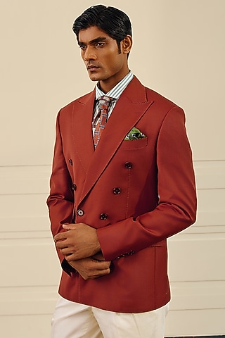 Brick Red Wool Blend Double-Breasted Blazer by Gargee Designers
