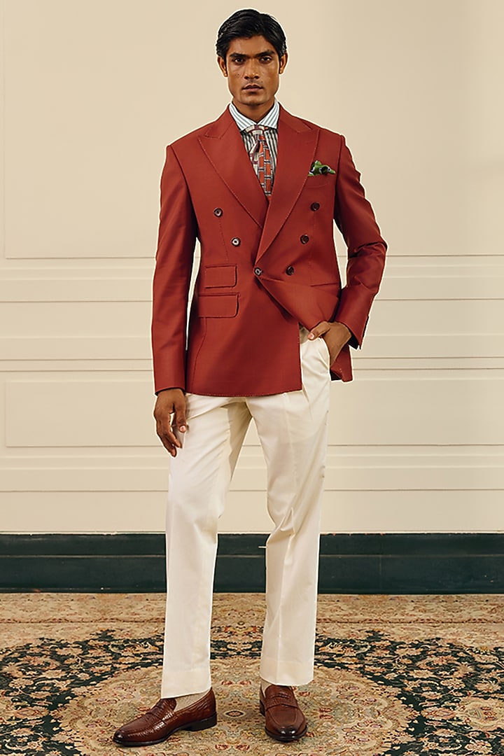 Brick Red Wool Blend Double-Breasted Blazer by Gargee Designers at Pernia's Pop Up Shop