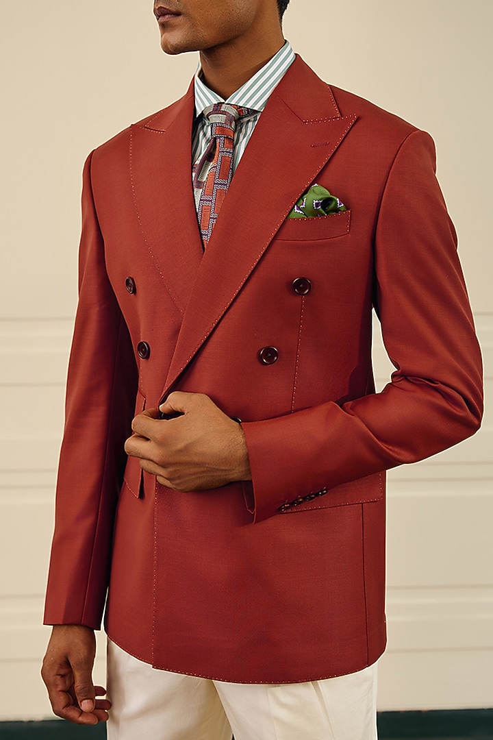 Brick Red Wool Blend Double-Breasted Blazer by Gargee Designers at Pernia's Pop Up Shop