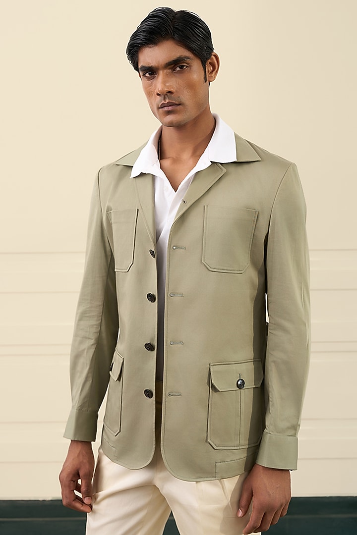 Olive Green Cotton Suiting Safari Shacket by Gargee Designers at Pernia's Pop Up Shop