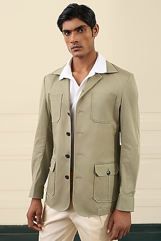 Olive Green Cotton Suiting Safari Shacket by Gargee Designers