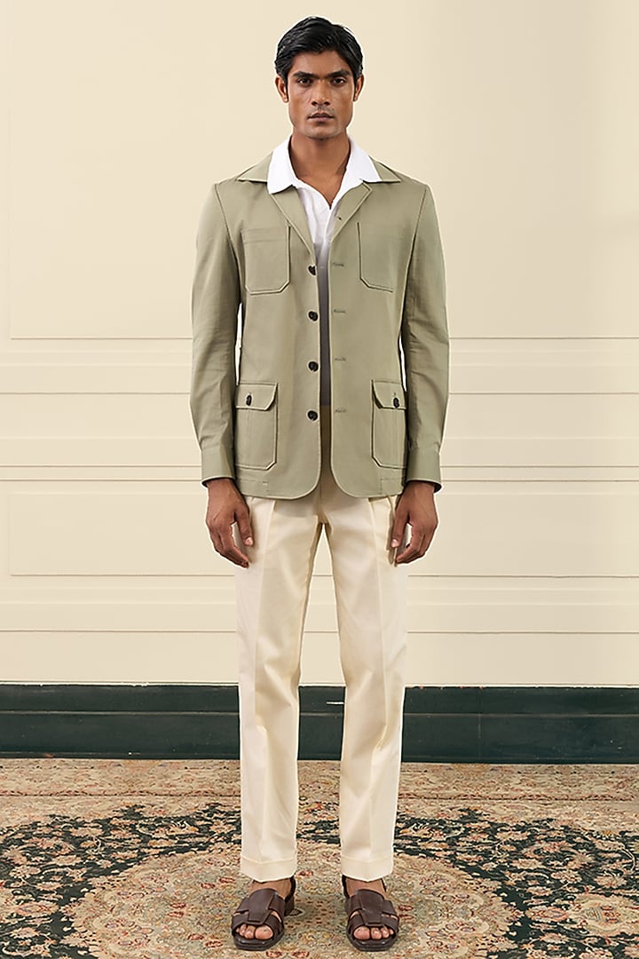 Olive Green Cotton Suiting Safari Shacket by Gargee Designers at Pernia's Pop Up Shop