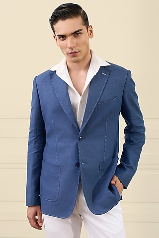 Azure Blue Linen Blazer by Gargee Designers