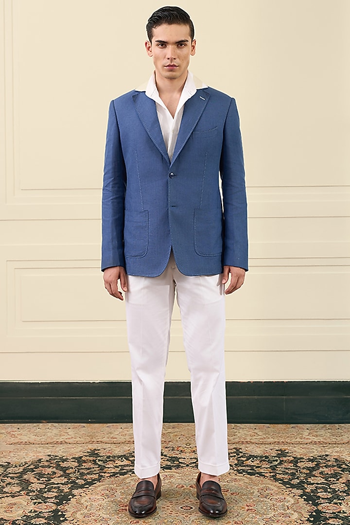 Azure Blue Linen Blazer by Gargee Designers at Pernia's Pop Up Shop