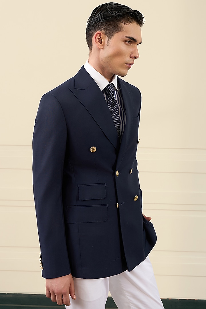 Navy Blue Wool Blend Double-Breasted Blazer by Gargee Designers at Pernia's Pop Up Shop