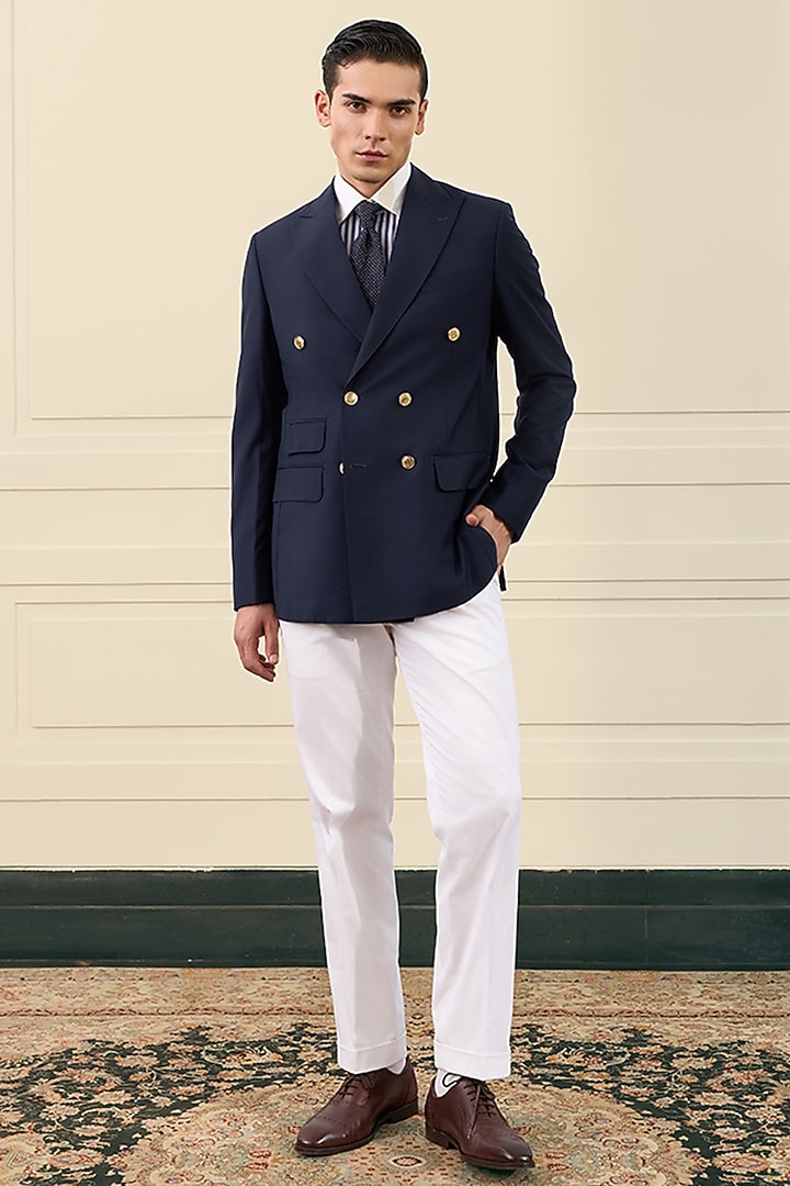 Navy Blue Wool Blend Double-Breasted Blazer by Gargee Designers at Pernia's Pop Up Shop