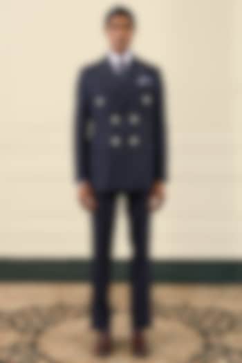 Navy Blue Wool Blend Double-Breasted Blazer Set by Gargee Designers at Pernia's Pop Up Shop