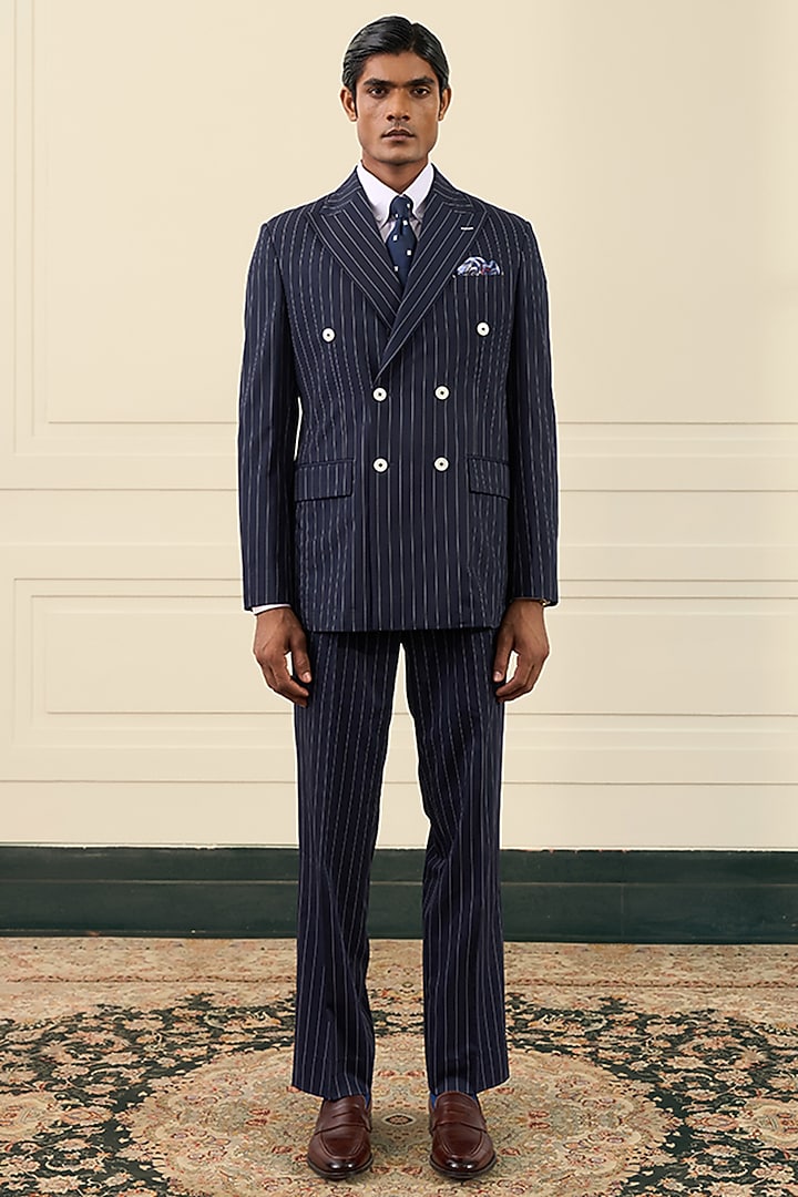 Navy Blue Wool Blend Double-Breasted Blazer Set by Gargee Designers at Pernia's Pop Up Shop