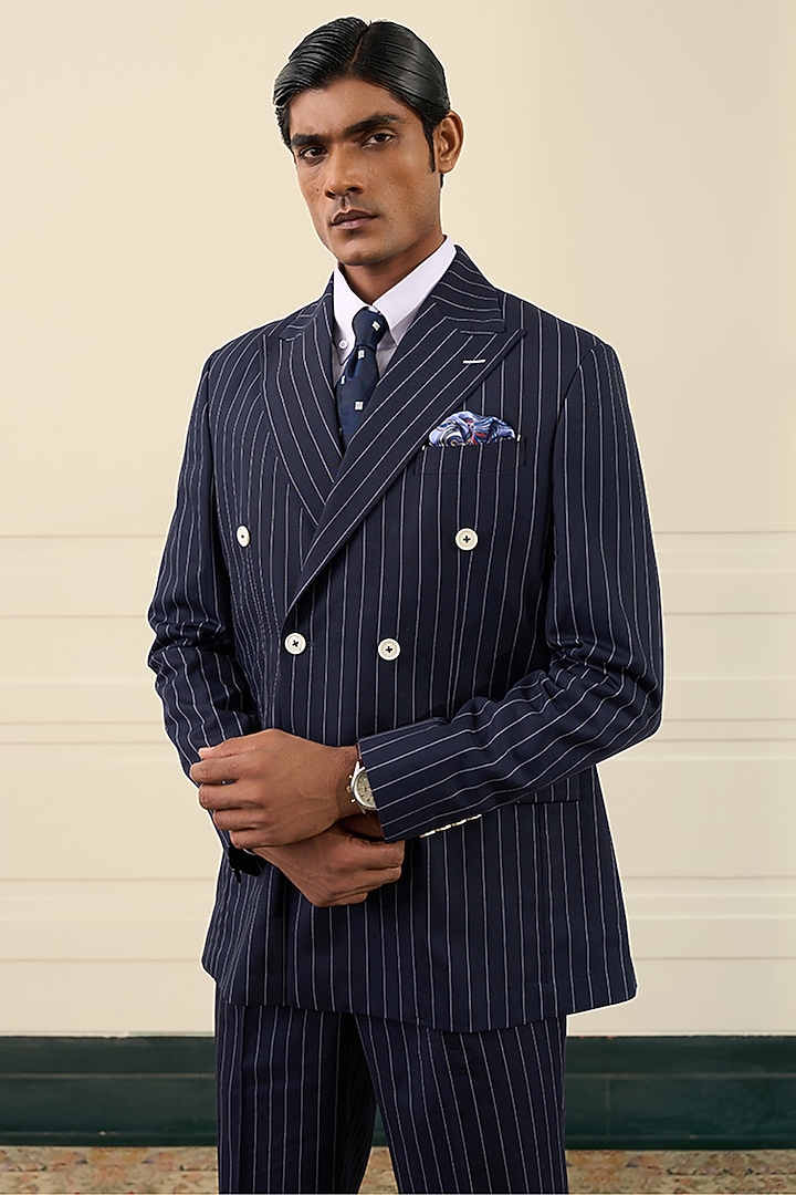 Navy Blue Wool Blend Double-Breasted Blazer Set by Gargee Designers at Pernia's Pop Up Shop