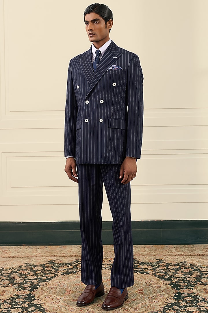 Navy Blue Wool Blend Double-Breasted Blazer Set by Gargee Designers at Pernia's Pop Up Shop