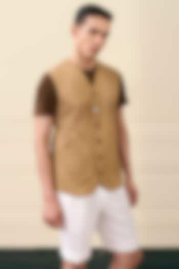 Camel Beige Cotton Suiting Waistcoat by Gargee Designers at Pernia's Pop Up Shop