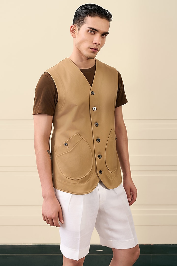 Camel Beige Cotton Suiting Waistcoat by Gargee Designers at Pernia's Pop Up Shop