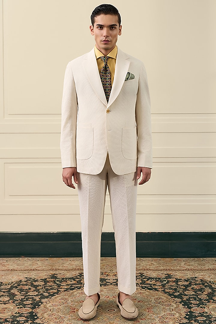 Ivory Poly Blend Seersucker Single-Breasted Blazer Set by Gargee Designers at Pernia's Pop Up Shop