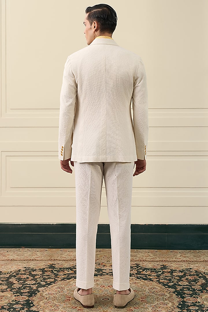 Ivory Poly Blend Seersucker Single-Breasted Blazer Set by Gargee Designers at Pernia's Pop Up Shop
