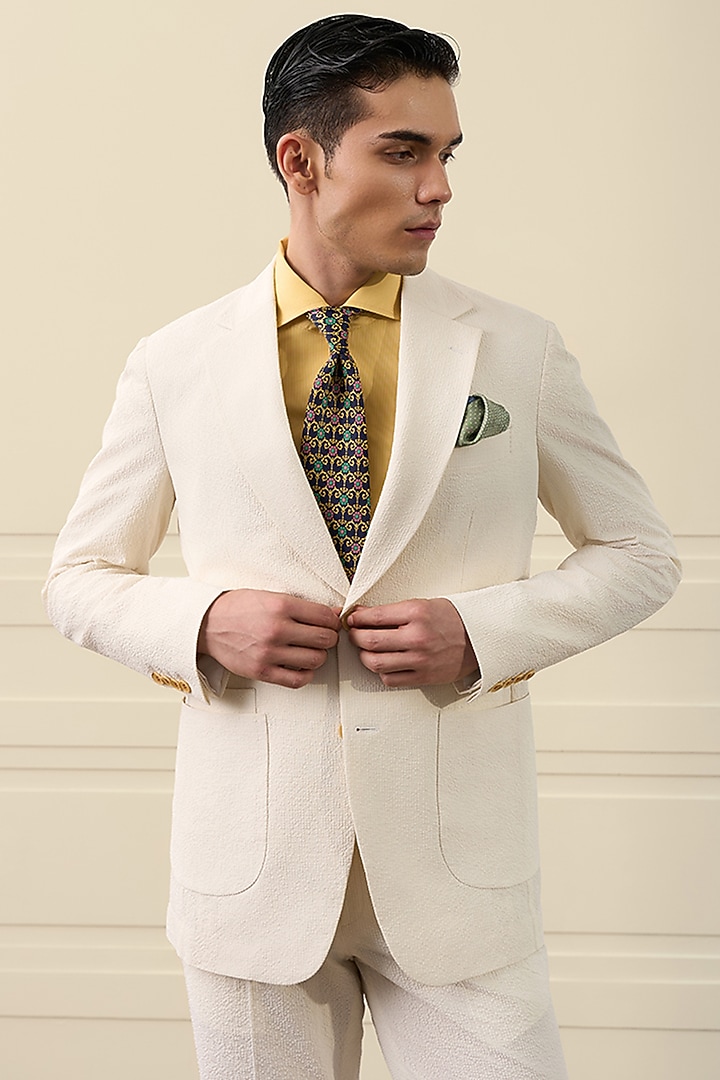 Ivory Poly Blend Seersucker Single-Breasted Blazer Set by Gargee Designers at Pernia's Pop Up Shop