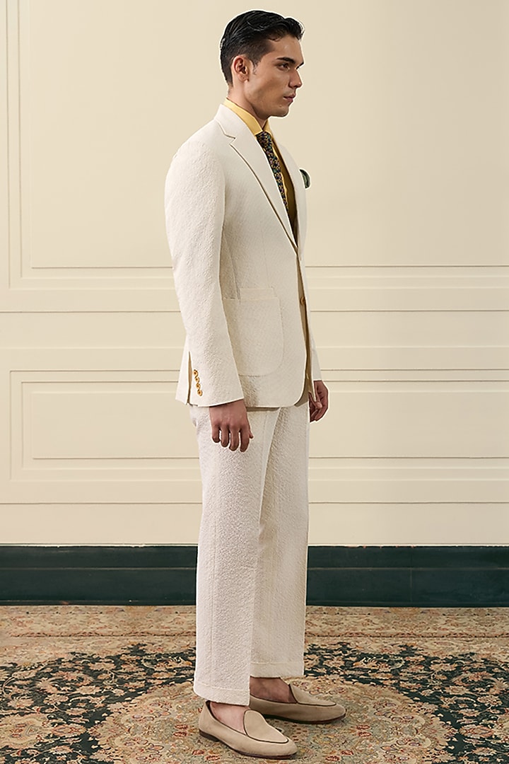 Ivory Poly Blend Seersucker Single-Breasted Blazer Set by Gargee Designers at Pernia's Pop Up Shop