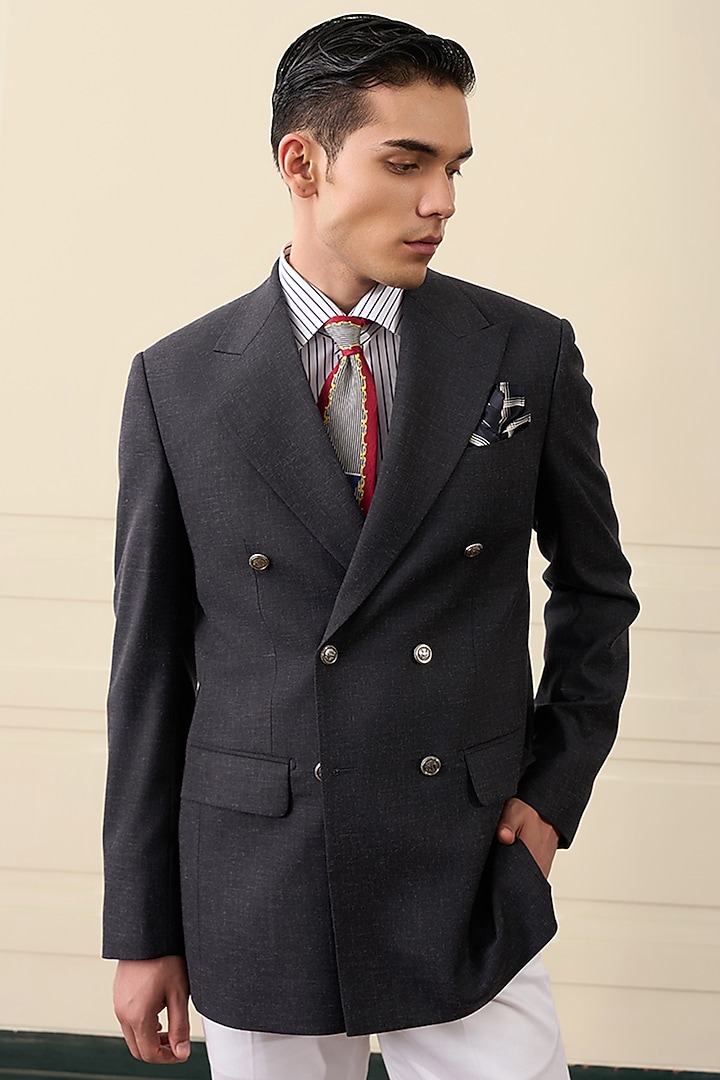 Charcoal Wool Blend Double-Breasted Blazer by Gargee Designers at Pernia's Pop Up Shop