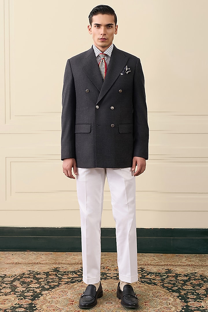 Charcoal Wool Blend Double-Breasted Blazer by Gargee Designers at Pernia's Pop Up Shop