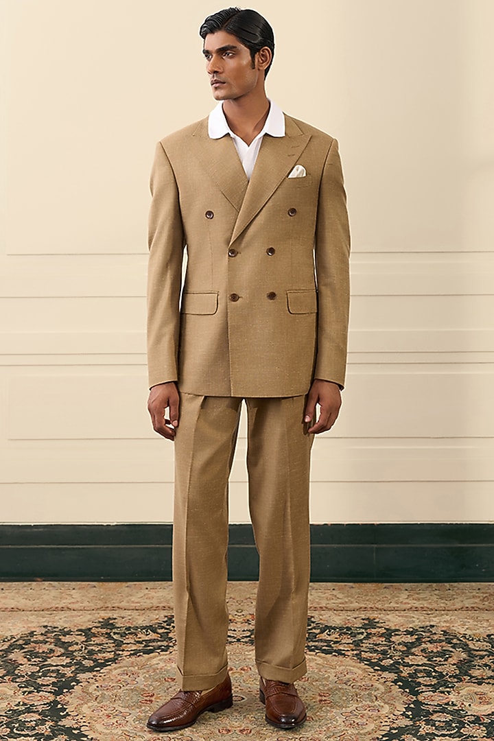 Taupe Wool Blend Double-Breasted Blazer Set by Gargee Designers at Pernia's Pop Up Shop