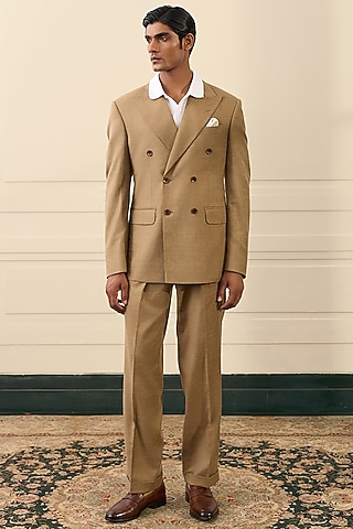 Taupe Wool Blend Double-Breasted Blazer Set by Gargee Designers